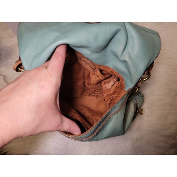 FOSSIL Explorer Flap Foldover Hobo Mint Green Teal Leather Slouch Shoulder Bag - Picture 7 of 12